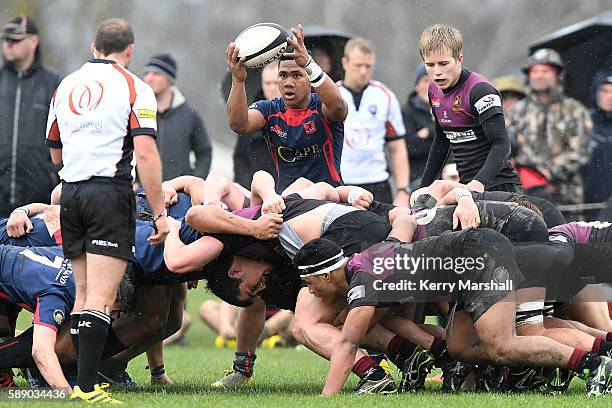 Folau Fakatava of Hastings Boys High School gets ready to feed a scrum during the Super Eight 1st XV Final match between Hastings Boys High and...