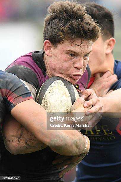 Kieran Lee of Hamilton Boys High School in action during the Super Eight 1st XV Final match between Hastings Boys High and Hamilton Boys High at...