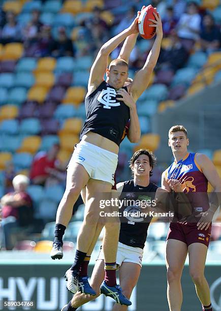 Liam Jones of the Blues takes a mark during the round 21 AFL match between the Brisbane Lions and the Carlton Blues at The Gabba on August 13, 2016...