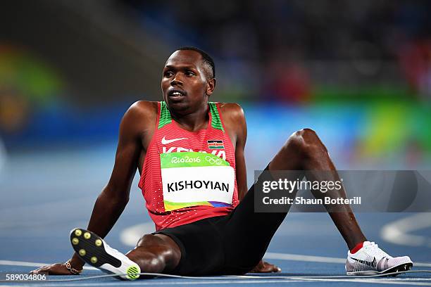 Alphas Leken Kishoyian of Kenya reacts after competing in the Men's 800m Round 1 on Day 7 of the Rio 2016 Olympic Games at the Olympic Stadium on...