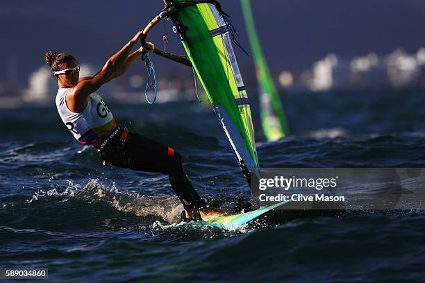 Bryony Shaw of Great Britain competes in the Women's RS:X class on Day 7 of the Rio 2016 Olympic Games at Marina da Gloria on August 12, 2016 in Rio...