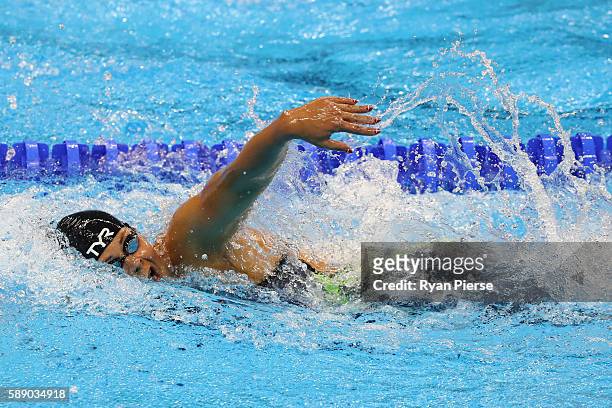 Lotte Friis of Denmark competes in the Women's 800m Freestyle Final on Day 7 of the Rio 2016 Olympic Games at the Olympic Aquatics Stadium on August...