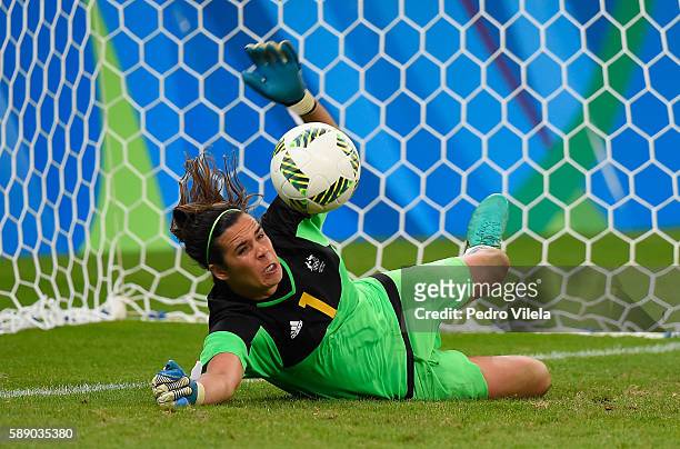 Goalkeeper Lydia Williams of Australia defends the net against Brazil in Penalties Shoot-out during the Women's Football Quarterfinal match at...