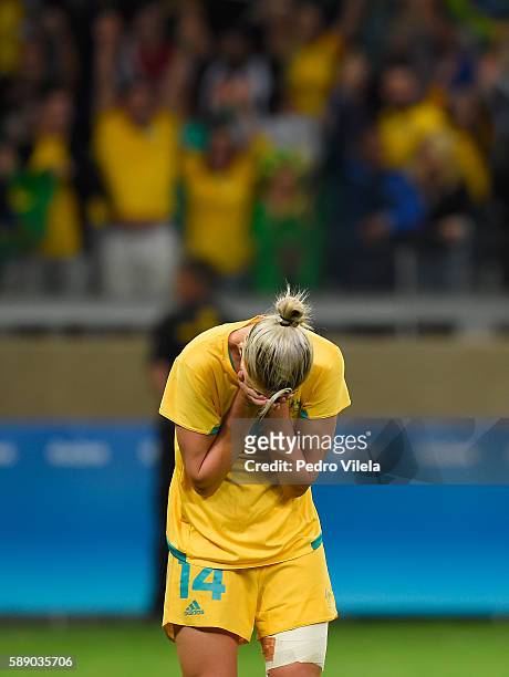 Alanna Kennedy of Australia reacts after their 0-0 loss to Brazil during the Women's Football Quarterfinal match at Mineirao Stadium on Day 7 of the...