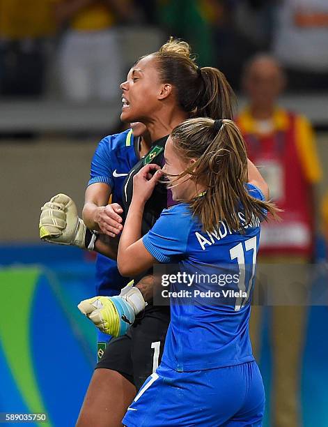 Goalkeeper Barbara of Brazil celebrates with teammate Andressa after Barbara saved a goal during Penalties Shoot-out to win 0-0 against Australia...