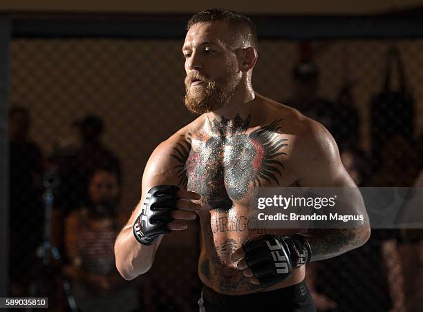 Featherweight champion Conor McGregor holds an open training session on August 12, 2016 in Las Vegas, Nevada.