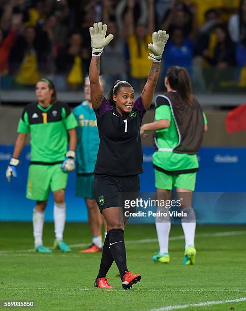 Goalkeeper Barbara of Brazil celebrates after saving a goal during Penalties Shoot-out to win 0-0 against Australia during the Women's Football...
