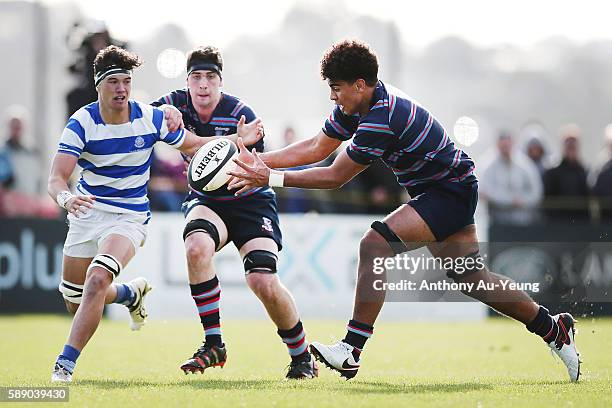 Hoskins Sotutu of Sacred Heart goes after the ball during the schools rugby match between St Kent's and Sacred Heart on August 13, 2016 in Auckland,...