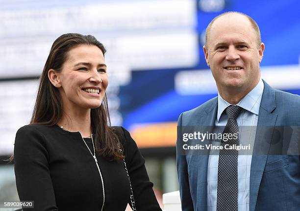 Trainer Danny O'Brien and wife Nina smile after the win of Miss Rose de Lago in Race 7, P.B lawrence Stakes during Melbourne Racing at Caulfield...