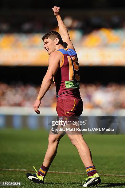 Dayne Zorko of the Lions celebrates kicking a goal during the round 21 AFL match between the Brisbane Lions and the Carlton Blues at The Gabba on...