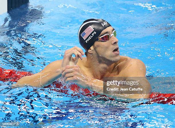 Gold medalist Michael Phelps of USA looks on following the Men's 200m Individual Medley Final on day 6 of the Rio 2016 Olympic Games at Olympic...