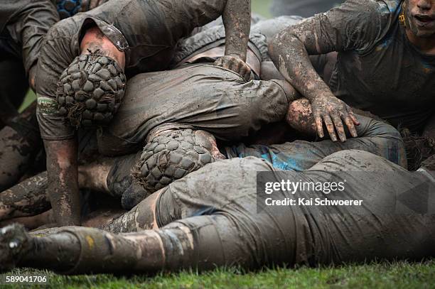 Players are seen in a ruck during the Crusaders Secondary Schools UC Championship Semi Final match between Christs College and Shirley BHS at CC Uper...