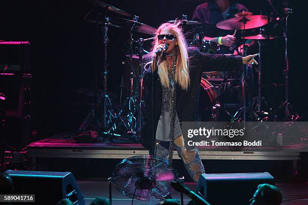 Singer Dale Bozzio of Missing Persons performs on stage at the 80's Weekend held at Microsoft Theater on August 12, 2016 in Los Angeles, California.