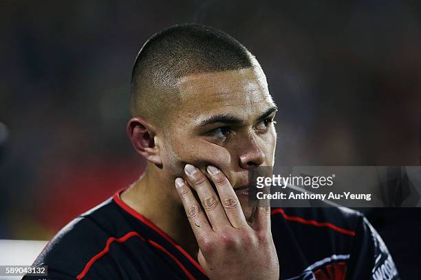 Tuimoala Lolohea of the Warriors looks on during the round 23 NRL match between the New Zealand Warriors and the South Sydney Rabbitohs at Mount...