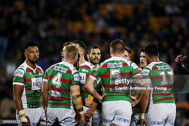 Greg Inglis of the Rabbitohs gathers the team during the round 23 NRL match between the New Zealand Warriors and the South Sydney Rabbitohs at Mount...