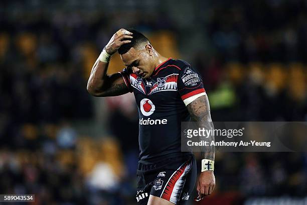 Ken Maumalo of the Warriors reacts during the round 23 NRL match between the New Zealand Warriors and the South Sydney Rabbitohs at Mount Smart...