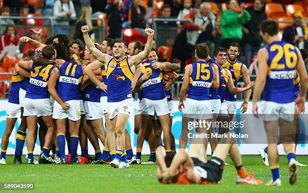 The West Coast Eagles celebrate winning the round 21 AFL match between the Greater Western Sydney Giants and the West Coast Eagles at Spotless...