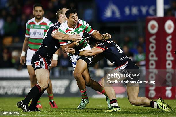 Alex Johnston of the Rabbitohs on the charge during the round 23 NRL match between the New Zealand Warriors and the South Sydney Rabbitohs at Mount...