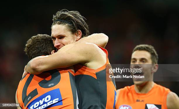 Rory Lobb of the Giants celebrates a goal during the round 21 AFL match between the Greater Western Sydney Giants and the West Coast Eagles at...