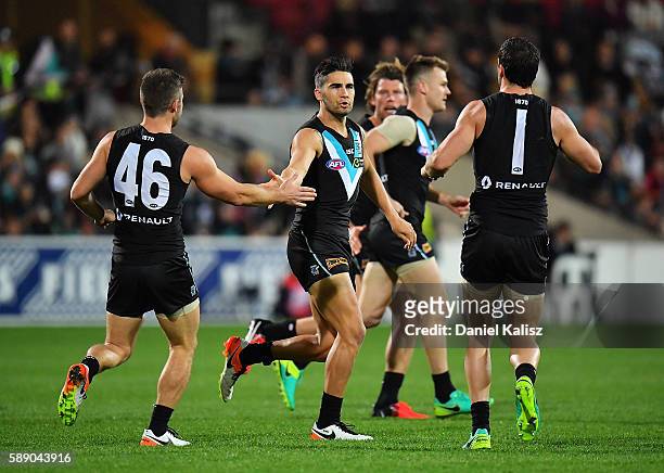 Chad Wingard of the Power reacts after kicking the Powers first goal during the round 21 AFL match between the Port Adelaide Power and the Melbourne...