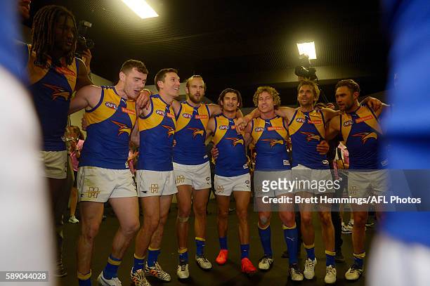 West Coast players sing their team song after victory during the round 21 AFL match between the Greater Western Sydney Giants and the West Coast...