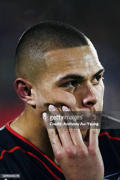 Tuimoala Lolohea of the Warriors looks on during the round 23 NRL match between the New Zealand Warriors and the South Sydney Rabbitohs at Mount...