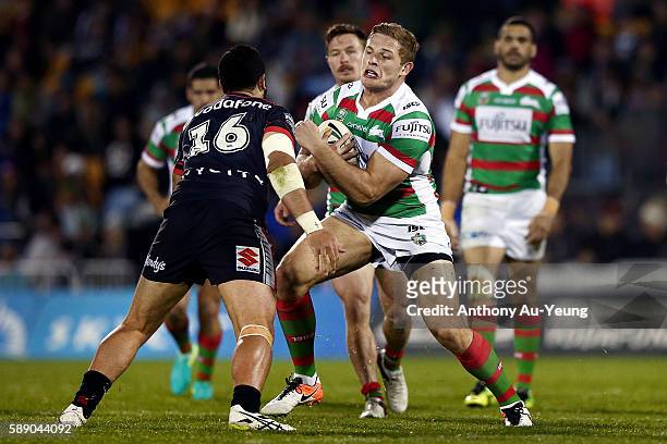 George Burgess of the Rabbitohs on the charge during the round 23 NRL match between the New Zealand Warriors and the South Sydney Rabbitohs at Mount...