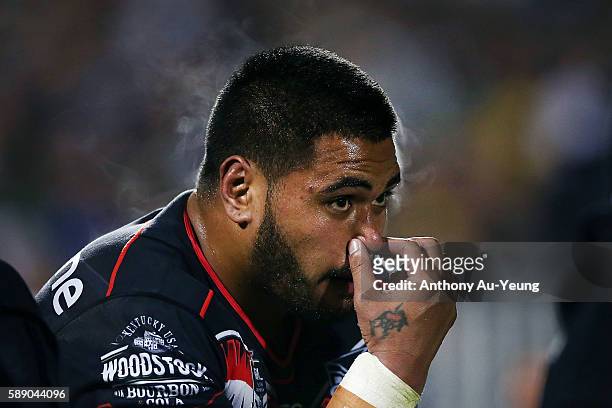 Sam Lisone of the Warriors looks on during the round 23 NRL match between the New Zealand Warriors and the South Sydney Rabbitohs at Mount Smart...