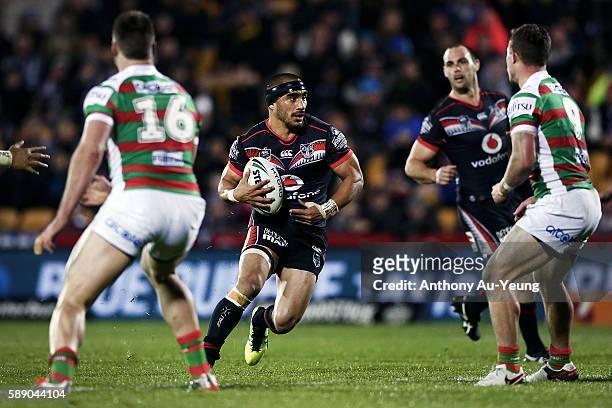 Thomas Leuluai of the Warriors in action during the round 23 NRL match between the New Zealand Warriors and the South Sydney Rabbitohs at Mount Smart...