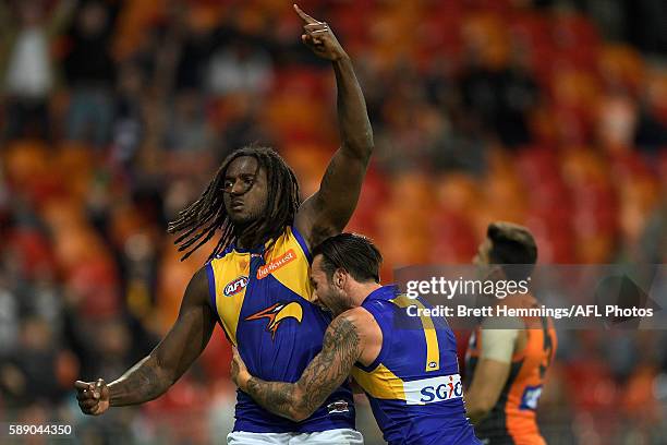 Nic Naitanui of the Eagles celebrates kicking the winning goal during the round 21 AFL match between the Greater Western Sydney Giants and the West...