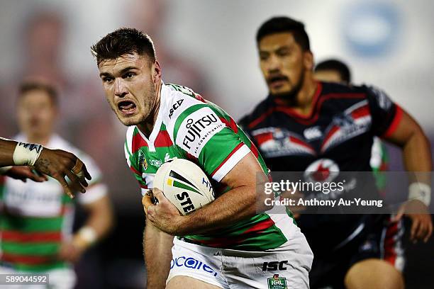 Angus Crichton of the Rabbitohs makes a run during the round 23 NRL match between the New Zealand Warriors and the South Sydney Rabbitohs at Mount...