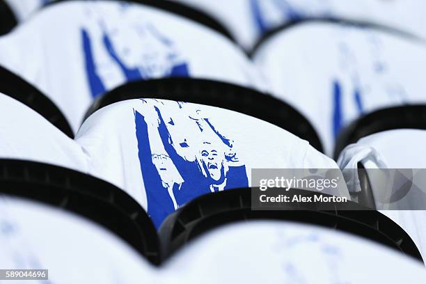 Champions t-shirts are seen on every seet in the away end during the Premier League match between Hull City and Leicester City at KCOM Stadium on...