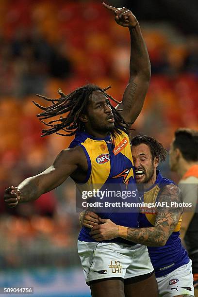 Nic Naitanui of the Eagles celebrates kicking the winning goal during the round 21 AFL match between the Greater Western Sydney Giants and the West...