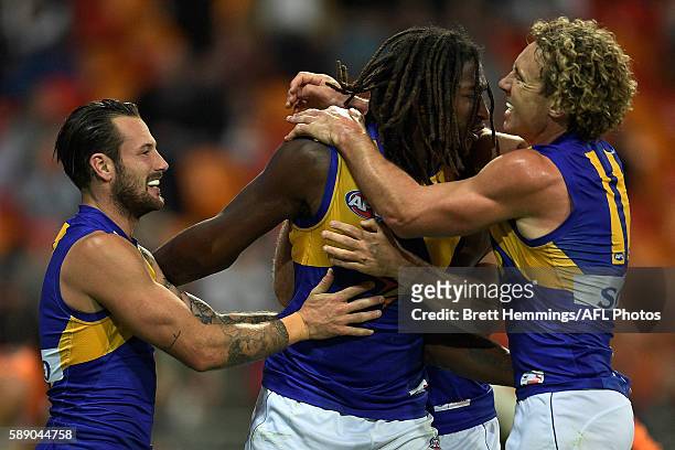 Nic Naitanui of the Eagles celebrates kicking the winning goal during the round 21 AFL match between the Greater Western Sydney Giants and the West...