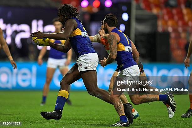 Nic Naitanui of the Eagles kicks the winning goal during the round 21 AFL match between the Greater Western Sydney Giants and the West Coast Eagles...