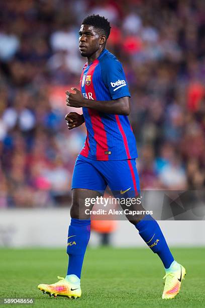 Samuel Umtiti of FC Barcelona looks on during the Joan Gamper trophy match between FC Barcelona and UC Sampdoria at Camp Nou on August 10, 2016 in...