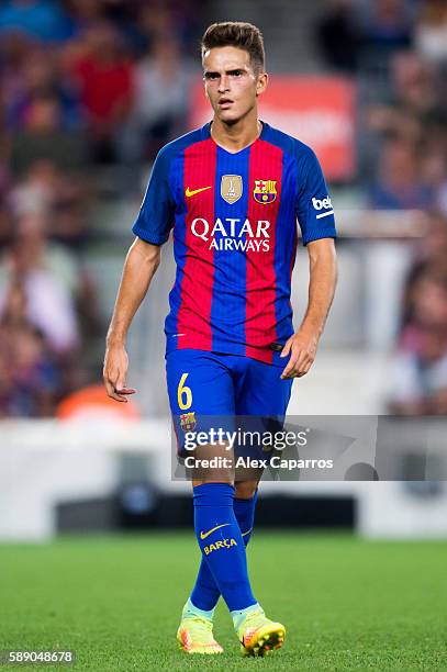 Denis Suarez of FC Barcelona looks on during the Joan Gamper trophy match between FC Barcelona and UC Sampdoria at Camp Nou on August 10, 2016 in...
