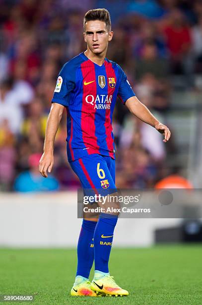 Denis Suarez of FC Barcelona looks on during the Joan Gamper trophy match between FC Barcelona and UC Sampdoria at Camp Nou on August 10, 2016 in...