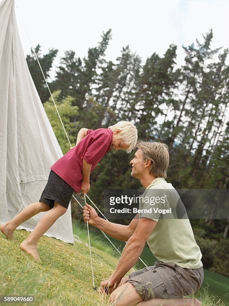 father and son setting up tent - cuerda guy fotografías e imágenes de stock