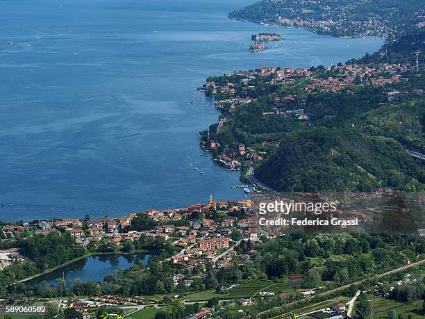 the borromean gulf on lake maggiore seen from mount montorfano, northern italy - baveno foto e immagini stock