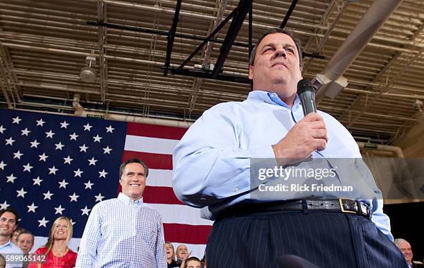 Republican presidential candidate MItt Romney with NJ Governor Chris Christie a campaign rally at Exeter High School in Exeter, NH on January 8, 2012.