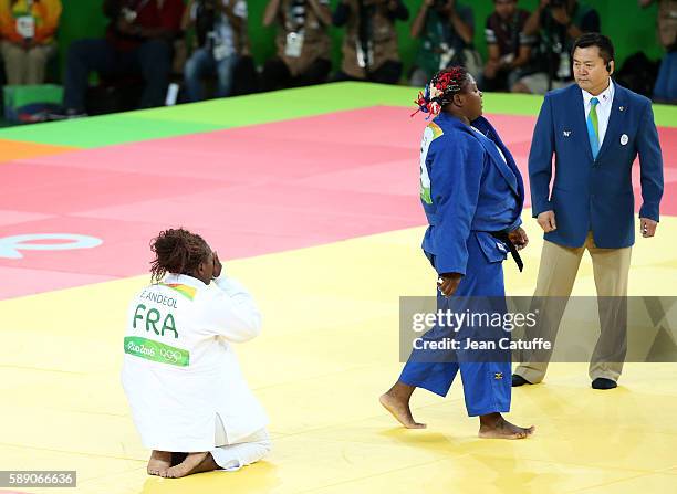 Emilie Andeol of France celebrates winning the gold medal against Idalys Ortiz of Cuba in the Women's +78kg Final on day 7 of the 2016 Rio Olympic...