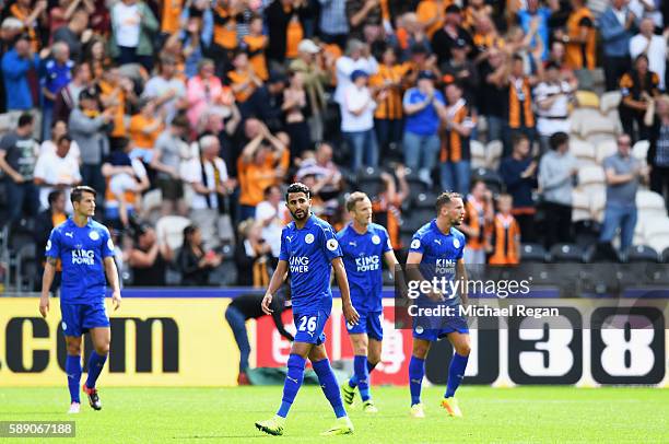 The Leicester team after Hul City score their second goal of the game during the Premier League match between Hull City and Leicester City at KCOM...