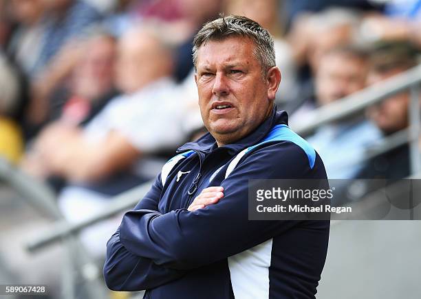 Craig Shakespeare of Leicester City during the Premier League match between Hull City and Leicester City at KCOM Stadium on August 13, 2016 in Hull,...