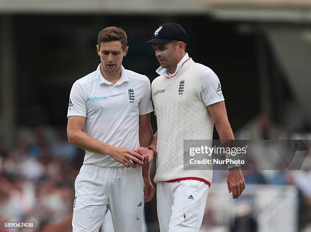 England's Chris Woakes and England's James Anderson during Day Three of the Fourth Investec Test Match between England and Pakistan played at The Kia...