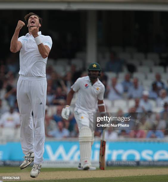 England's Steven Finn celebrates the wicket of Pakistan's Younis Khan not given by Umpire During Day Three of the Fourth Investec Test Match between...