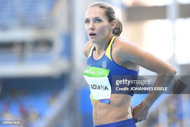 Ukraine's Olga Saladukha competes in the Women's Triple Jump Qualifying Round during the athletics event at the Rio 2016 Olympic Games at the Olympic...