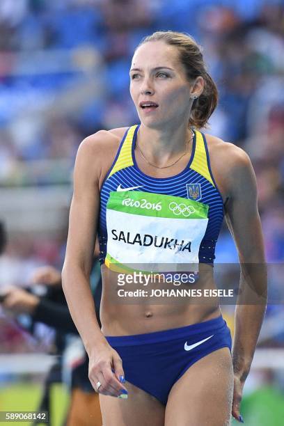 Ukraine's Olga Saladukha competes in the Women's Triple Jump Qualifying Round during the athletics event at the Rio 2016 Olympic Games at the Olympic...