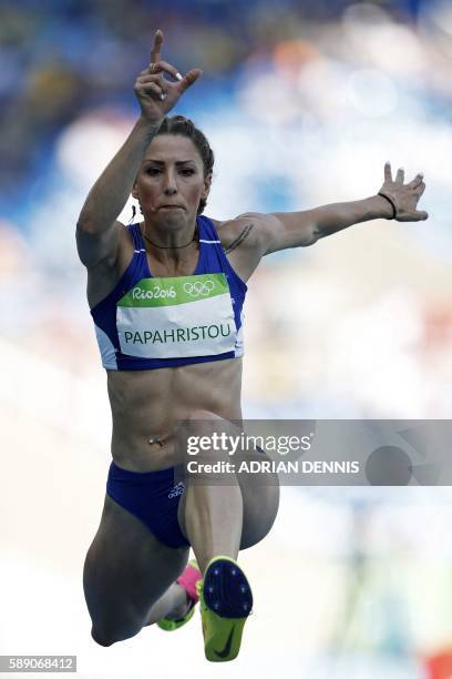 Greece's Paraskevi Papachristou competes in the Women's Triple Jump Qualifying Round during the athletics event at the Rio 2016 Olympic Games at the...