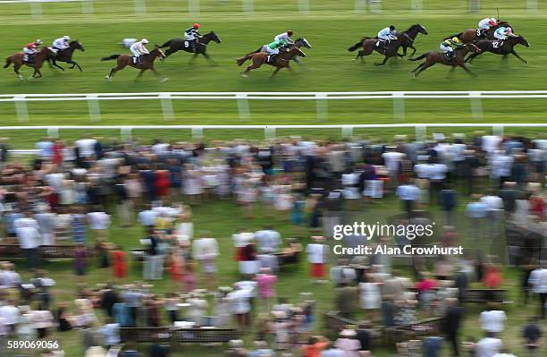 Pat Smullen riding Partitia win The Betfred 'Supports Jack Berry House' EBF Stallions Maiden Fillies' Stakes at Newbury Racecourse on August 13, 2016...